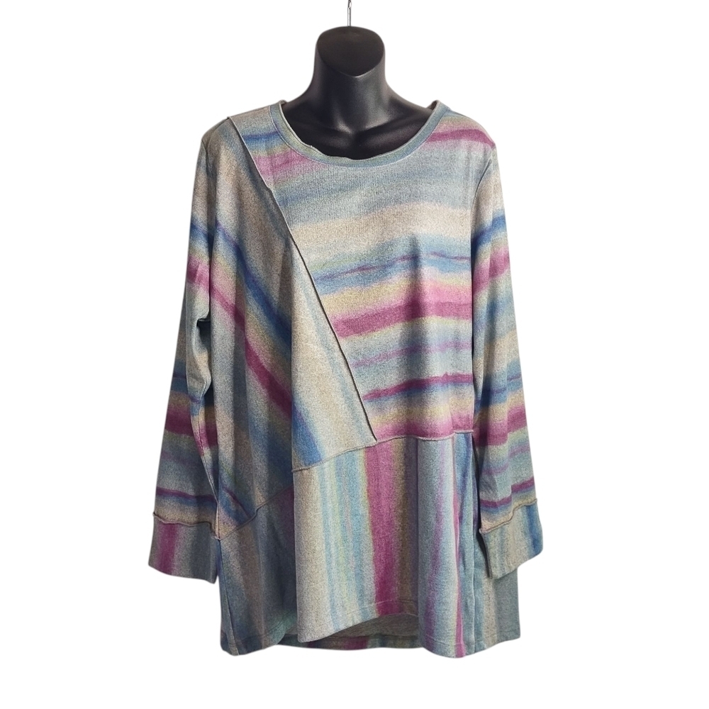 CJ Banks Top Women's Multicolor Crewneck Longsleeve Top Blouse Plus Size 1X NWT - Picture 1 of 11